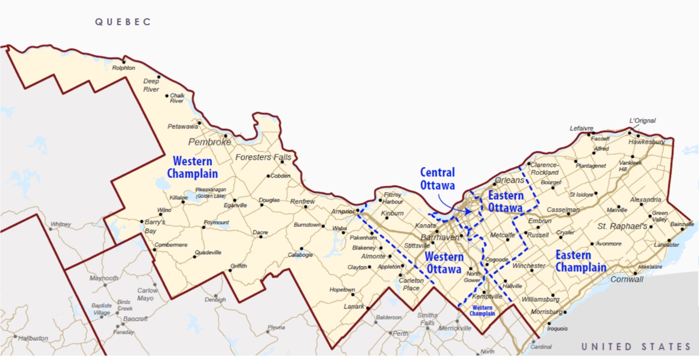 Map with polygon areas denoting RIC catchment areas