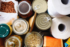 Assortment of perishable and non-perishable food items.