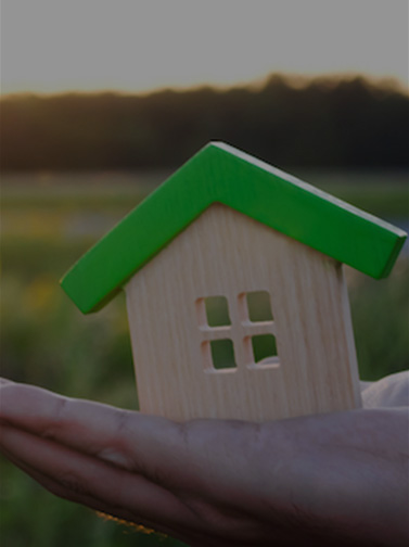 Hand holding tiny wooden house in foreground