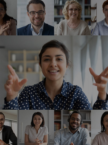 Video conference call with multiple users visible on screen.