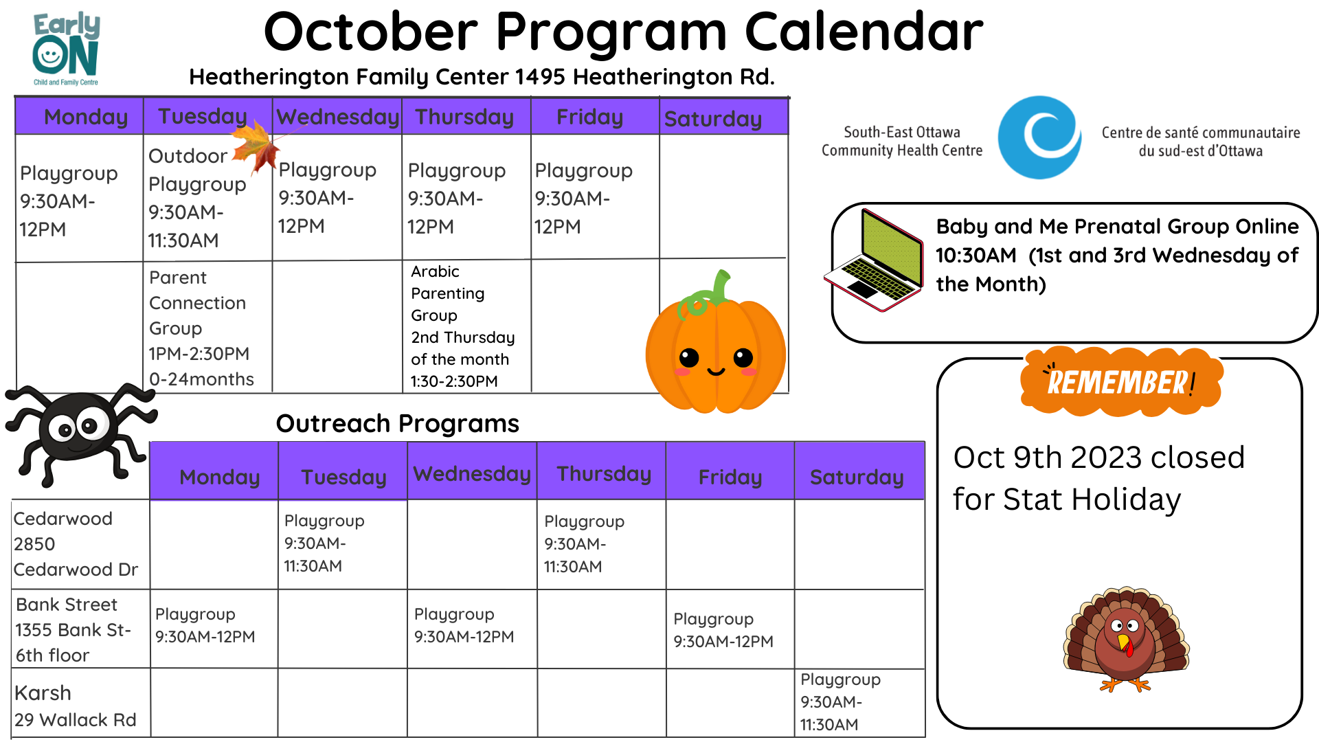 Early Years programming calendar for October