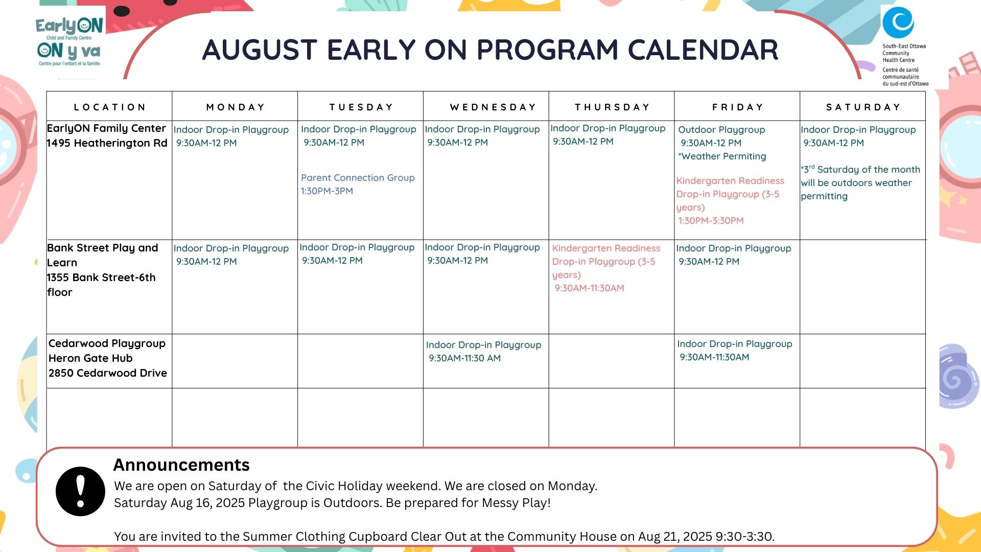 Program Calendar for EarlyON